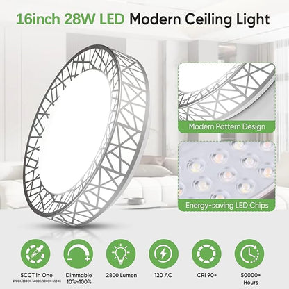 Lightania 16 Inch Flush Mount Ceiling Light, Modern Brushed Nickel LED Ceiling Light Fixture, 28W 2800LM 2700-6500K Adjustable, Dimmable Ceiling Lights for Bedroom, Kitchen, Hallway, Bathroom, ETL