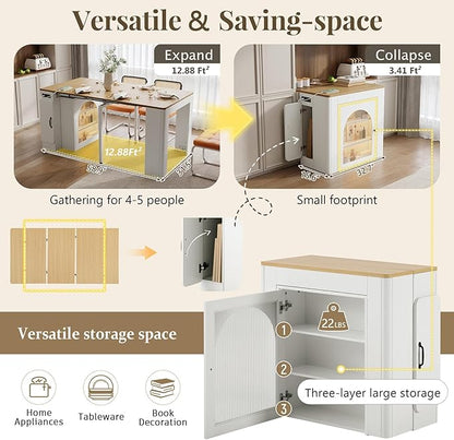 Extendable Dining Table with Storage and Charging Station, Rolling Kitchen Island with LED Lights and USB, 3-Leaf Expandable Drop Leaf Table with Wheels for Small Space, Modern Buffet Server