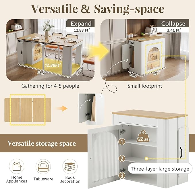 Modern Extendable Dining Table with Fluted Glass Doors, Rolling Island with Power Strip and USB, 3-Leaf Expandable Buffet Server with LED Light for Dining Room, Kitchen, Living Room