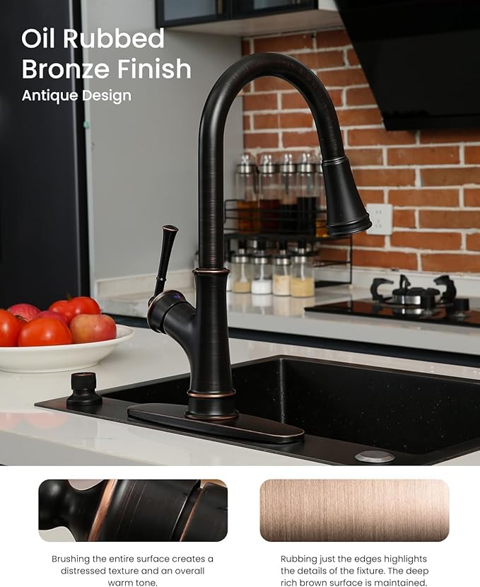 APPASO Oil Rubbed Bronze Kitchen Faucet with Pull Down Sprayer, Antique Bronze Single-Handle High Arc Single Hole, cUPC-Certified Pull-Out Hose, Water Supplies and Valve Core