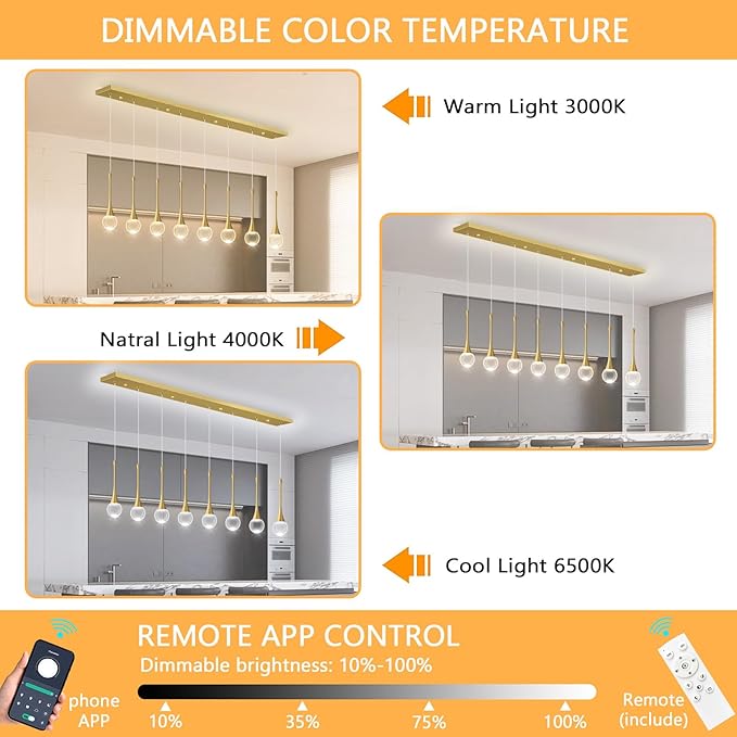 Rectangular Crystal Pendant Lights for Kitchen Island 8 Light Dimmable Crystal Chandelier Lighting Fixtures with Remote for Dining Room Living Room Gold