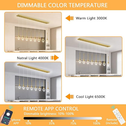 Rectangular Crystal Pendant Lights for Kitchen Island 8 Light Dimmable Crystal Chandelier Lighting Fixtures with Remote for Dining Room Living Room Gold