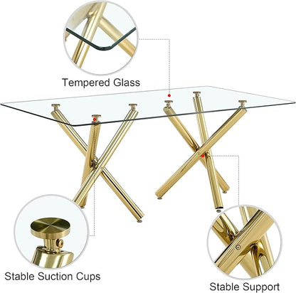 71” Rectangle Dining Table, Large Modern Dining Table for 6–8 People with 0.4" Thickened Tempered Glass Top, Glass Kitchen Table with Gold Metal Legs for Dining Room