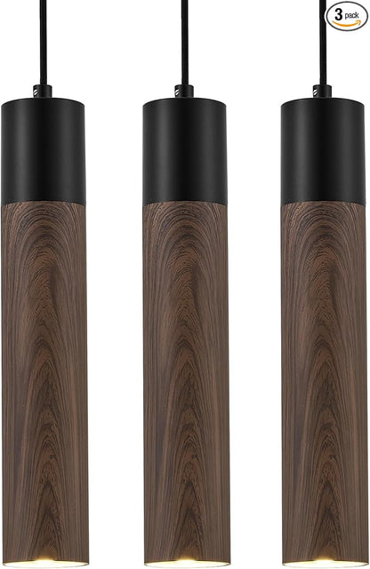 ELYONA LED Pendant Lights for Kitchen Island Walnut Wood Grain & Matte Black Metal, Modern Cylinder Pendant Light Fixtures for Dining Room Bedroom Office, GU10 Bulbs Included Adjustable Height, 3 Pack