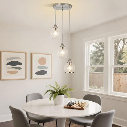 3-Light Island Light for Kitchen, Brushed Nickel Kitchen Island Hanging Pendant Light, Brushed Nickel Dining Room Light Fixture Over Table with Clear Round Glass Shade