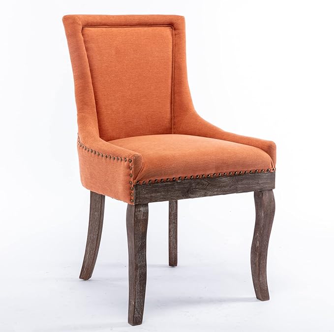 Set of 2 Side Dining Chair, Thickened Fabric Chairs with Neutral Toned Solid Wood Legs, Bronze Nail Head Accent, Sturdy and Durable, for Living Room Dining Room, Elegant and Stylish Furniture, Orange