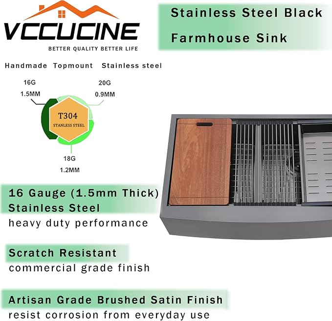 VCCUCINE 33 Inch Gunmetal Black Double Farmhouse Sink, 33X22 Double Bowl Farmhouse Kitchen Sink, 16 Gauge 50/50 Stainless Steel Apron Front Farm Sink, Drop In Workstation Farmer Sink With Accessories