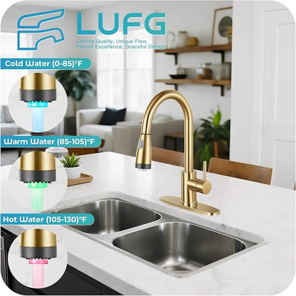 LED Kitchen Faucet with Pull Down Sprayer - Brushed Gold Single Handle Kitchen Faucets, High Arc Stainless Steel Pull Out Kitchen Sink Faucet with Deck for RV Laundry Farmhouse Bar