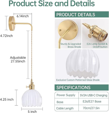 Shenmoyl Battery Operated Wall Sconce with White Tulip Shade Pattern Glass Adjustable Chain Retro Gold Wall Mounted Light, Modern Wall Lamp Fixtures Decor for Bedside Bedroom Indoor Doorway，Set of 2