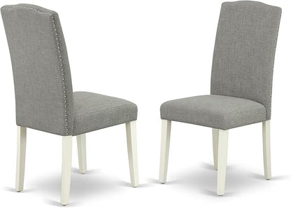 East West Furniture ENP2T06 Encinal Parson Dining Chairs - Nailhead Trim Dark Shitake Linen Fabric Padded Chairs, Set of 2, Linen White