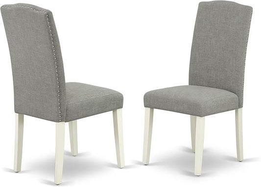East West Furniture ENP2T06 Encinal Parson Dining Chairs - Nailhead Trim Dark Shitake Linen Fabric Padded Chairs, Set of 2, Linen White