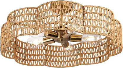24” Boho Rattan Ceiling Light Fixture, Hand-Woven Wicker Flush Mount Chandelier, Rustic Coastal Scalloped Gold Base Semi Flush Lighting for Bedroom, Dining Room, Kitchen, Foyer, Living Room