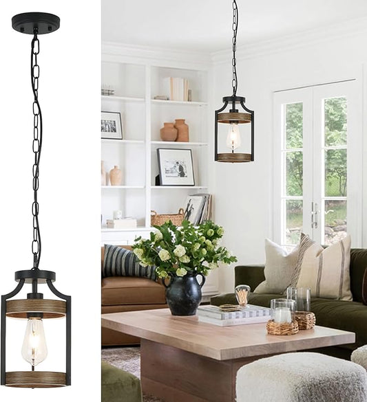 Farmhouse Pendant Light, Rustic Wood Metal Light Fixtures with Adjustable Hanging Chain, Small Pendant Lighting for Kitchen Island, Dining Room, Entryway, Cafe & Bar, 1 Pack