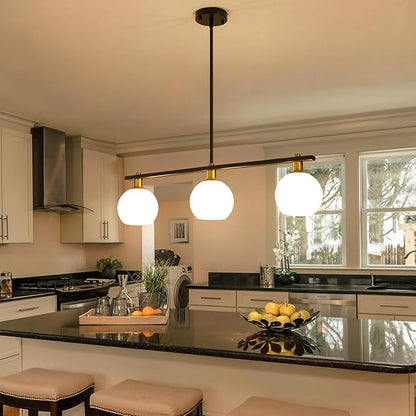 Island Lights for Kitchen Black and Gold Chandelier 3-Light Mid Century Modern Dining Room Light Fixtures Over Table with Opal Glass Shades Hanging Linear Pendant Lighting for Kitchen Island Foyer Bar