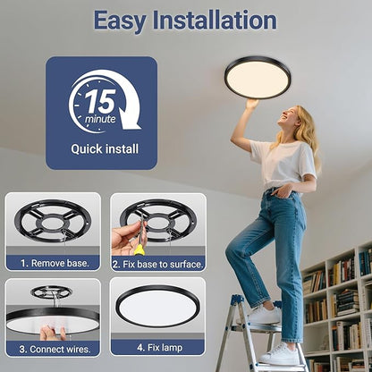 8 Pack 12 Inch LED Flush Mount Ceiling Light, 24W 2640LM 5 CCT Selectable (2700K-6500K), Dimmable Ultra-Thin Round Fixture for Kitchen Bedroom Laundry Hallway, Black