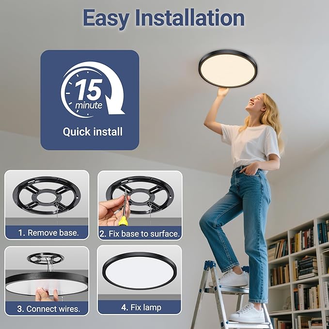 6 Pack 2640LM LED Flush Mount Ceiling Light Fixture, 12inch 24W Dimmable & 5 CCT Selectable (2700K-6500K), Sleek Modern Ceiling Light for Bedroom Laundry Hallway Kitchen, Black