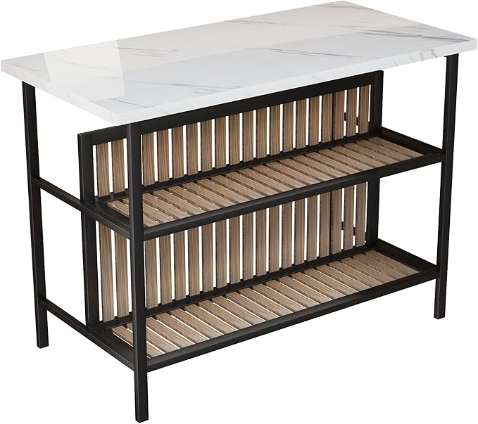 AWQM Kitchen Island with Seating & Storage Shelf, Faux Marble Island Table for Kitchen, Modern Bar Table and Chairs Set for 2,Dining Table Set for Small Space,White