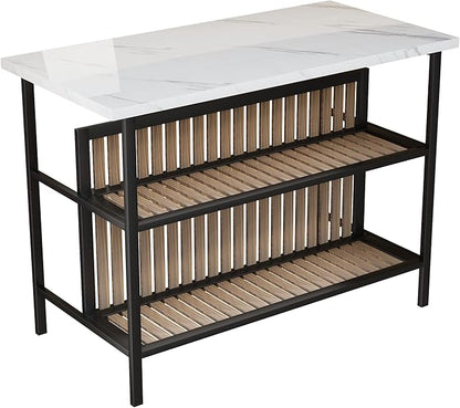 AWQM Kitchen Island with Seating & Storage Shelf, Faux Marble Island Table for Kitchen, Modern Bar Table and Chairs Set for 2,Dining Table Set for Small Space,White