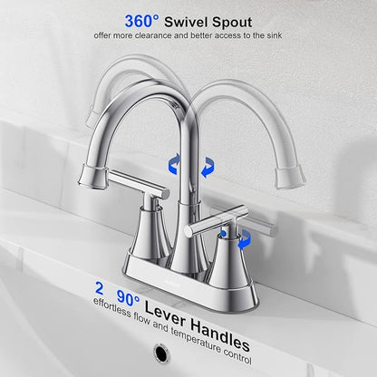 Bathroom Faucets for Sink 3 Hole, Hurran 4 inch Chrome Bathroom Sink Faucet with Pop-up Drain and Supply Hoses, Stainless Steel Lead-Free 2-Handle Centerset Utility Faucet for Sink Vanity RV