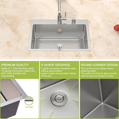 24 Inch Drop In Kitchen Sink- Top Mount Sink 24x18 Inch 9" Deep 304 Stainless Steel Sinks 16 Gauge Countertop Single Bowl Kitchen Sinks With Assembly