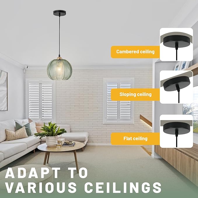 Green Glass Pendant Light Set of 2 Modern Globe Pendant Lighting Farmhouse Gold Pendant Light Hand-Blown Ribbed Chandelier Kitchen Island Lighting for Dining Room Bar