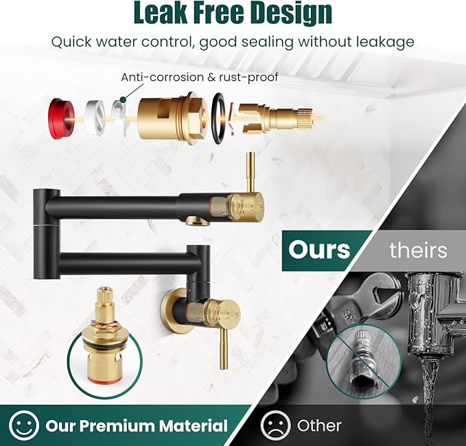 Heyalan Pot Filler 19 Inch Wall Mount Folding Stretchable Kitchen Restaurant Faucet Stainless Steel Pot Filler Double Joint Swing Arm Two Handles Commercial NPT,Straight Handle,Black and Brushed Gold