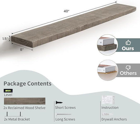 FLYJOE 44 Inch Long Solid Wood Floating Shelves for Wall,Reclaimed Wood Wall Shelf for Storage,8 Inch Deep Heavy-Duty Wall Mounted Shelves with Invisible Brackets for Living Room,Bedroom,Kitchen,Grey