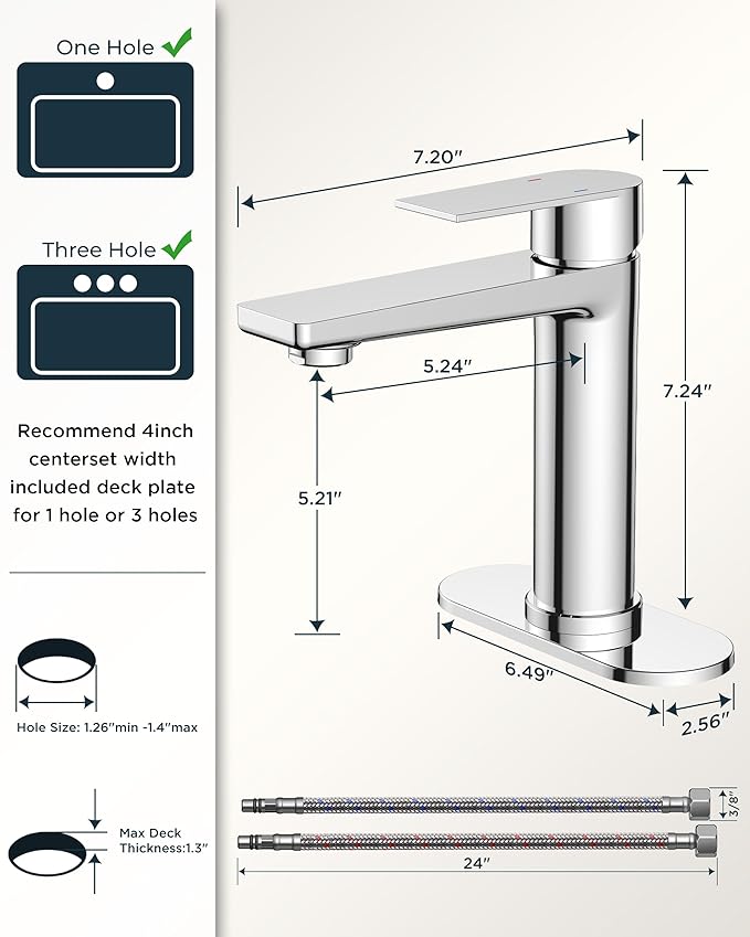 FORIOUS Polished Chrome Bathroom Faucet 1 Hole, Single Handle Single Hole Bathroom Faucet Chrome with Deck Plate and Pop Up Drain, CUPC Hoses for One Handle Vanity Sink, Rv, Camper