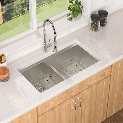 Lordear 33 Double Bowl Kitchen Sink 33x19 Inch Undermount Sink Low Divide Workstation Double Bowl 50/50 16 Gauge Stainless Steel Sinks Basin Handmade