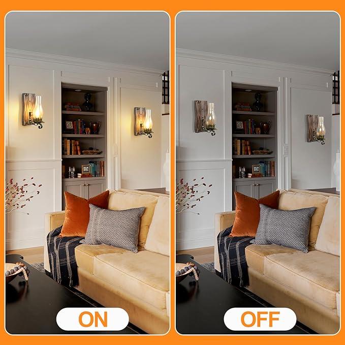 Rustic Wall Sconces Sets of 2, Oil Rubbed Bronze Wall Sconce Indoor Retro Wall Lamps with Amber Glass E12 Wood Bedside Wall Light Fixture for Hallway Living Room Bedroom Fireplace