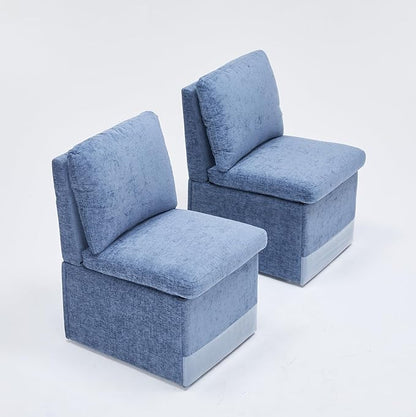 Set of 2 Linen Upholstered Armless Dining Chair with Casters and Storage Space, Modern Dining Room Chairs with Wheels for Dining Room Kitchen Bedroom Reading Room Living Room, Blue