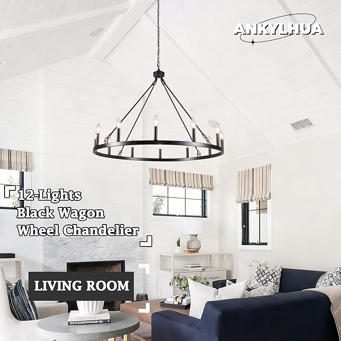 Wagon Wheel Chandelier 12 Light 38" Large Black Farmhouse Chandelier for Dining Room Rustic Country Pendant Light Fixtures Hanging Modern Round Chandeliers for Living Room High Ceilings Entryway Foyer