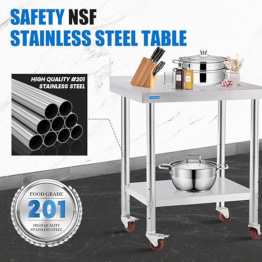 KUARBARR Stainless Steel Table for Prep & Work with 4 Caster Wheels with Backsplash 24 x 30 NSF Metal Commercial Kitchen Adjustable Under Shelf Worktable for Restaurant Home Outdoor