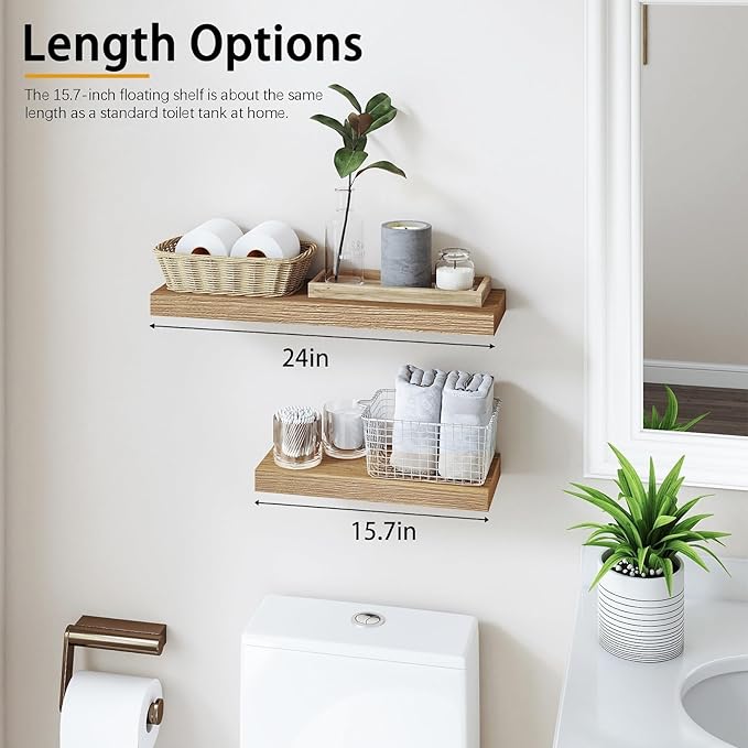 INHABIT UNION Oak Floating Shelves Wood for Wall 15.7in Wall Mounted Display Ledge Shelves Perfect for Bedroom, Bathroom, Living Room and Kitchen Decoration Storage (Set of 2)
