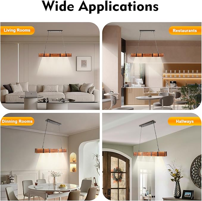 Farmhouse Wooden Light Fixtures Kitchen Island Pendant Lamp Retro Wood and Metal Hanging Light for Living Dining Room Bar Cafe, 4 Lights, 39.4X 3.1x 3.7in