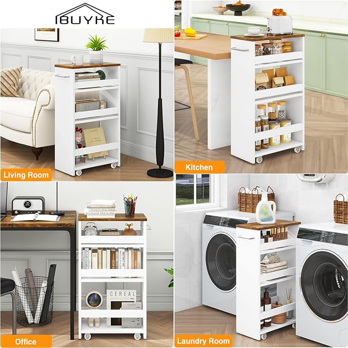 IBUYKE Slim Storage Cart, 4-Tier Skinny Rolling Cart, 7.9" Narrow Utility Trolley with Handle & Lockable Wheels,Thin Shelf for Kitchen, Laundry Room, Bathroom, Small Spaces,Space-Saving White WST005W