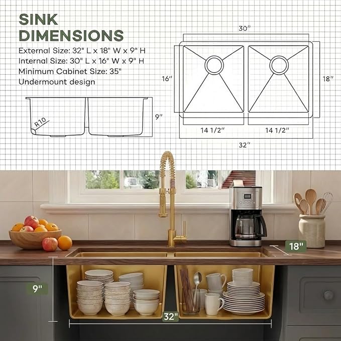 LQS Gold Kitchen Sink, 32 Inch Kitchen Sink Gold Double Bowl, Undermount Kitchen Sink 16 Gauge Stainless Steel with Golden Accessories, Modern Style