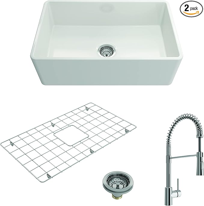 BOCCHI Classico White Apron Front Fireclay 30 in. Single Bowl Kitchen Sink with Protective Bottom Grid, Strainer, and Chrome Faucet