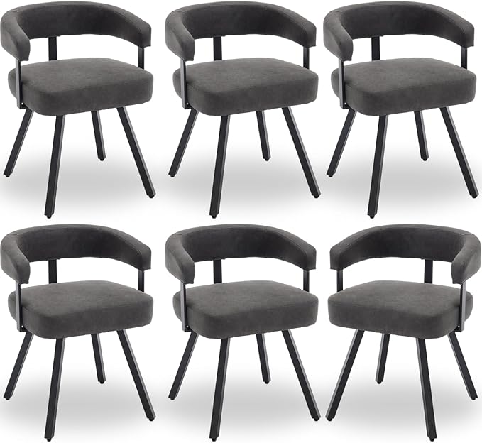 Modern Barrel Dining Chairs Set of 6, Grey PU Leather Upholstered Dining Room Chairs with Arms, Comfy Kitchen Chairs with Black Metal Legs for Dinner Living Room
