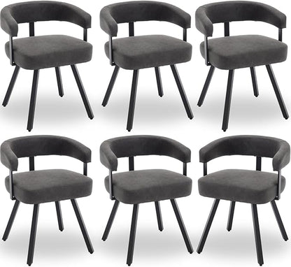 Modern Barrel Dining Chairs Set of 6, Grey PU Leather Upholstered Dining Room Chairs with Arms, Comfy Kitchen Chairs with Black Metal Legs for Dinner Living Room
