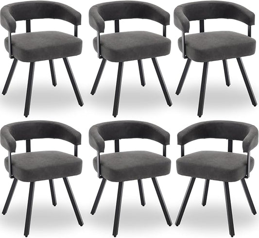 Modern Barrel Dining Chairs Set of 6, Grey PU Leather Upholstered Dining Room Chairs with Arms, Comfy Kitchen Chairs with Black Metal Legs for Dinner Living Room