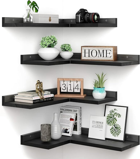 4 Tier Floating Corner Shelves Black Set of 4, Rustic Pine Wooden Floating Corner Wall Shelf for Wall Décor Storage, L Shaped Corner Shelf Wall Mount For Bedroom, Living Room, Bathroom, Kitchen.