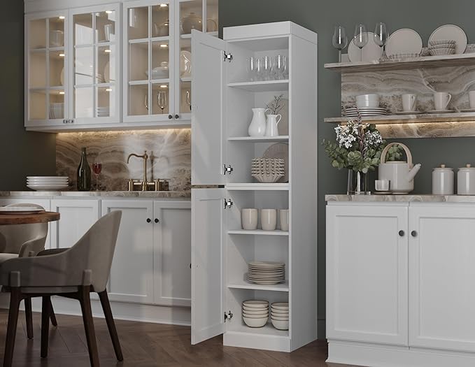 Palace Imports Solid Wood Pantry Cabinet - Tall Narrow Storage Cabinet with Raised Panel Doors - 16.5" W x 71.5" H - White, Kitchen Cupboard, Adjustable Shelves, 100% Eco-Friendly Wood, Modular
