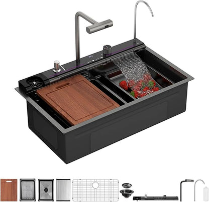 Sarlai Waterfall Kitchen Sink - 30 Inch Black Drop In Workstation Sink With Waterfall 33x19 Inch Black Stainless Steel 16 Gauge Multifunction Single Bowl Top Mount Kitchen Sinks with HoneyComb Finish