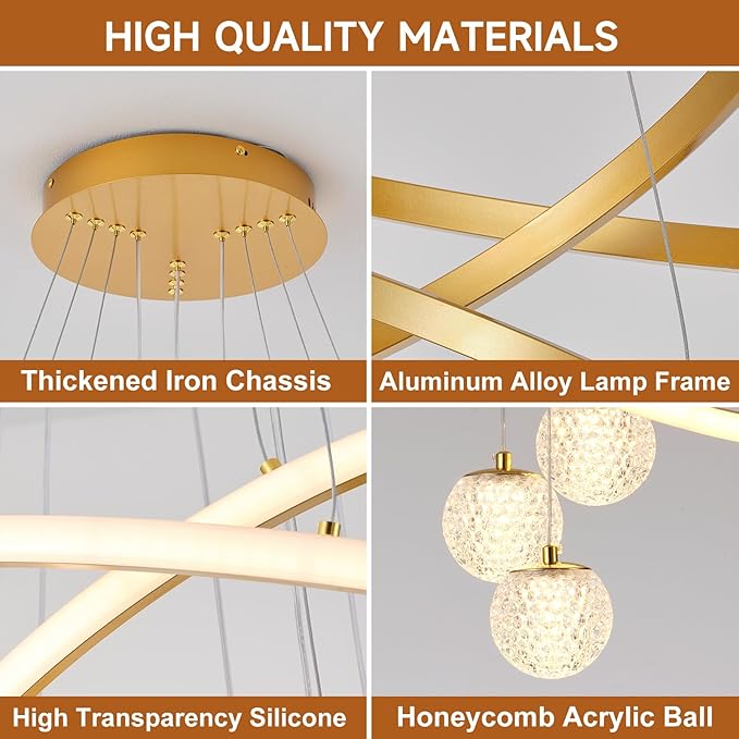 ORANOOR LED Modern 3 Ring Chandeliers for Dining Room, 24in Dimmable Kitchen Pendant Lamp, Gold Dining Room Light Fixtures Ceiling Hanging Over Table, Globe Round Chandeliers for Living Room Bedroom