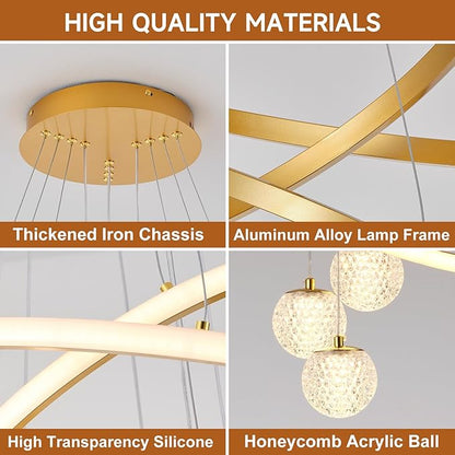 ORANOOR LED Modern 3 Ring Chandeliers for Dining Room, 24in Dimmable Kitchen Pendant Lamp, Gold Dining Room Light Fixtures Ceiling Hanging Over Table, Globe Round Chandeliers for Living Room Bedroom