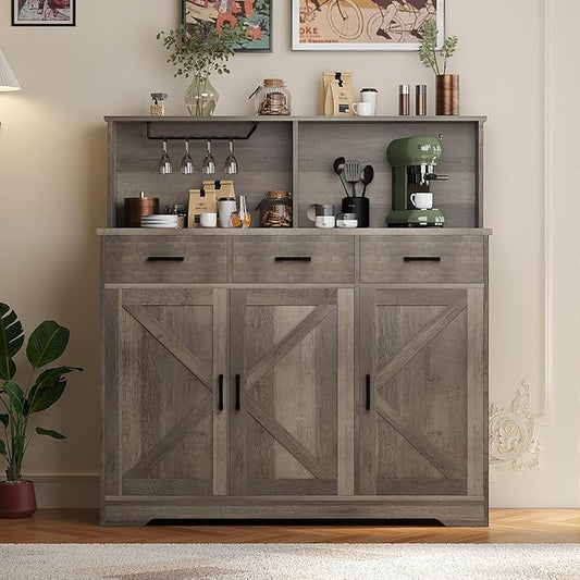 GarveeHome Farmhouse Sideboard Buffet with Microwave Stand, Barn Doors Buffet Storage Cabinet with Drawers and Shelves, Wood Coffee Bar Cabinet for Kitchen, Dining Room, Living Room, Grey