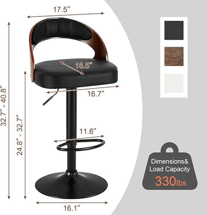 VECELO Bar Stool Set of 4, Kitchen Island Stools with Bentwood Back,Arm&Footrest,Island Chairs Adjustable Height PU Leather Cushion Seat,360°Swivel Bar Stools for Kitchen Counter,Club Pub,Black