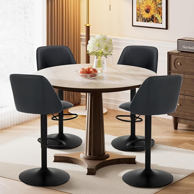 COLAMY Bar Stools Set of 1, Modern Swivel Bar Chairs, Adjustable PU Leather Upholstered Barstools Counter Height with Square Open Back for Bar, Kitchen Island, Dining Room, Black
