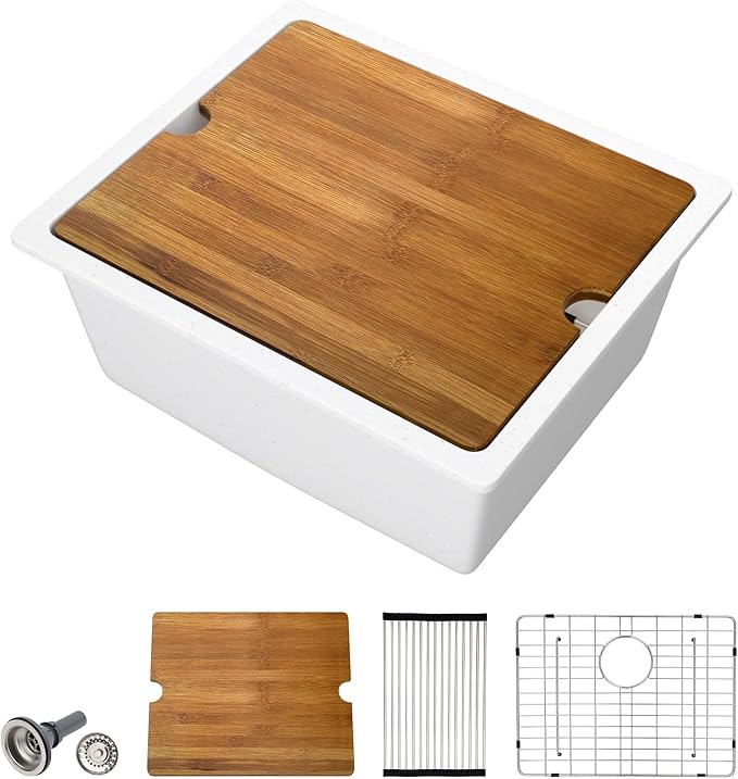 Dcolora 21 In. White Granite Composite Small Kitchen Sink, Single Bowl Workstation Undermount Prep Sink, Quartz Bar Sink, 21"x18"x9.65" #DC-GBUS25471